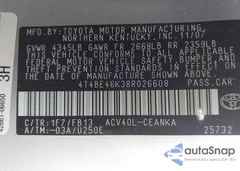 2008 Toyota Camry Le из США, поврежденный, VIN 4T4BE46K38R026608